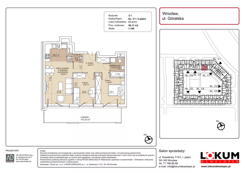 3 pokoje, mieszkanie 58,17 m², piętro 2, oferta nr C1-2-11, Lokum Soho, Wrocław, Stare Miasto, ul. Góralska