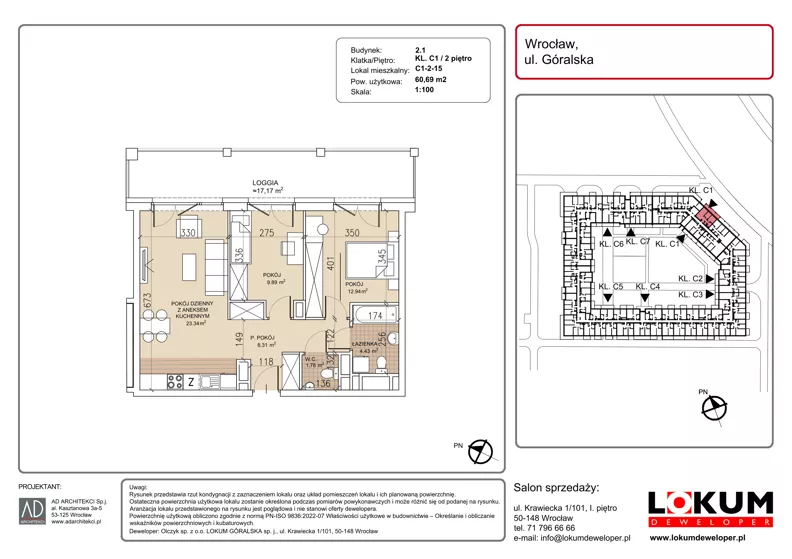 3 pokoje, mieszkanie 60,69 m², piętro 2, oferta nr C1-2-15, Lokum Soho, Wrocław, Stare Miasto, ul. Góralska