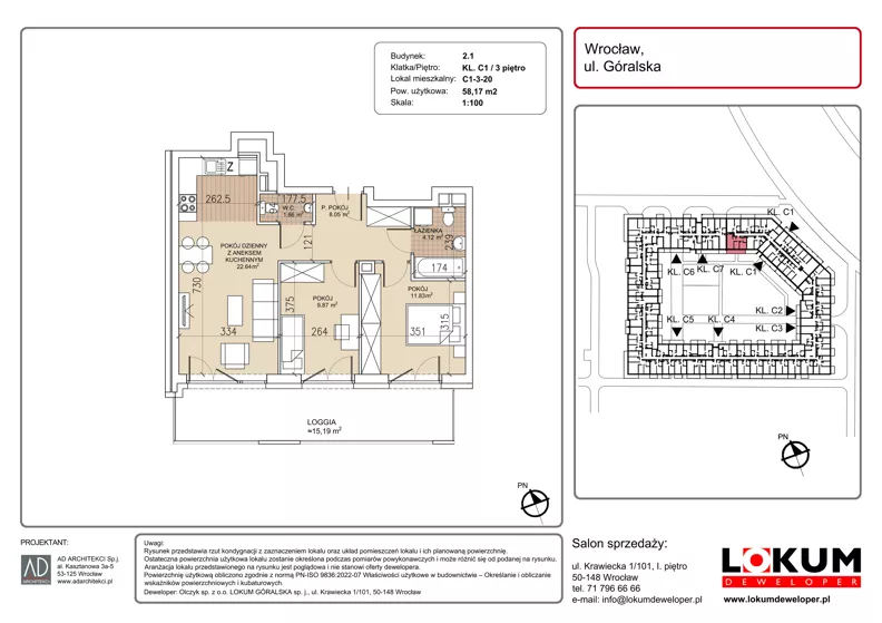 3 pokoje, mieszkanie 58,17 m², piętro 3, oferta nr C1-3-20, Lokum Soho, Wrocław, Stare Miasto, ul. Góralska