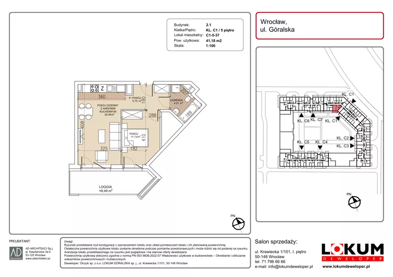 2 pokoje, mieszkanie 41,18 m², piętro 5, oferta nr C1-5-37, Lokum Soho, Wrocław, Stare Miasto, ul. Góralska