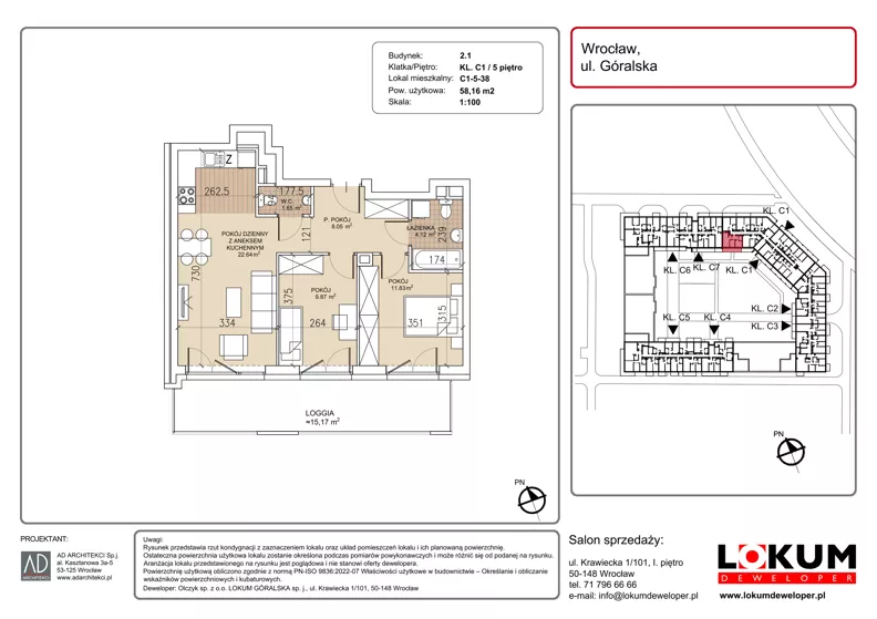3 pokoje, mieszkanie 58,16 m², piętro 5, oferta nr C1-5-38, Lokum Soho, Wrocław, Stare Miasto, ul. Góralska