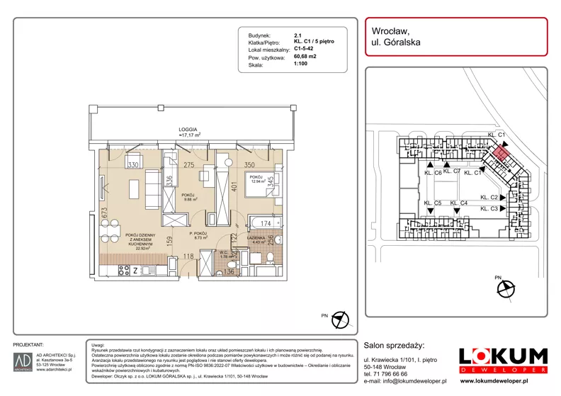 3 pokoje, mieszkanie 60,68 m², piętro 5, oferta nr C1-5-42, Lokum Soho, Wrocław, Stare Miasto, ul. Góralska