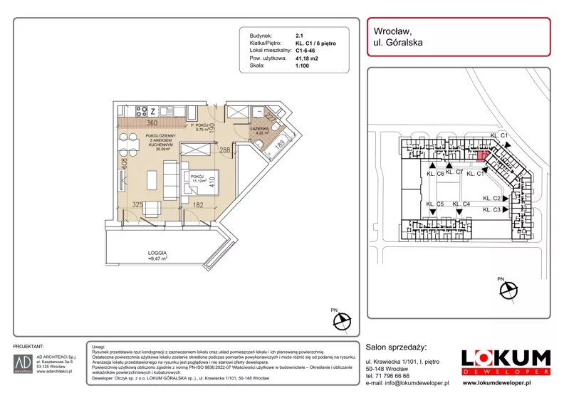 2 pokoje, mieszkanie 41,18 m², piętro 6, oferta nr C1-6-46, Lokum Soho, Wrocław, Stare Miasto, ul. Góralska