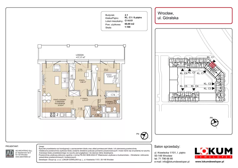 3 pokoje, mieszkanie 60,69 m², piętro 6, oferta nr C1-6-51, Lokum Soho, Wrocław, Stare Miasto, ul. Góralska
