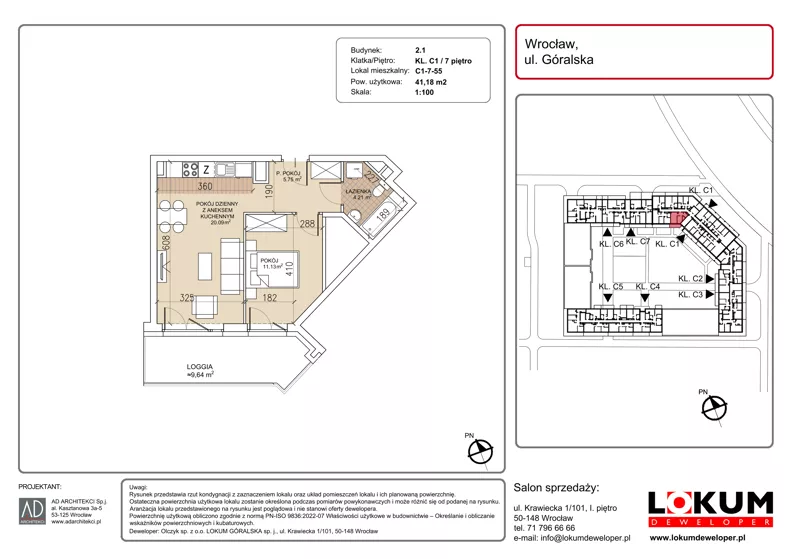2 pokoje, mieszkanie 41,18 m², piętro 7, oferta nr C1-7-55, Lokum Soho, Wrocław, Stare Miasto, ul. Góralska
