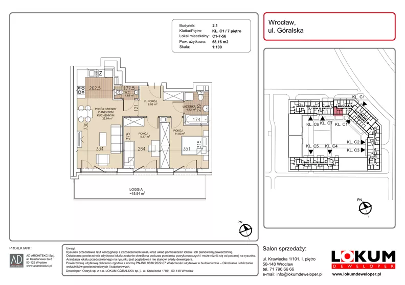 3 pokoje, mieszkanie 58,16 m², piętro 7, oferta nr C1-7-56, Lokum Soho, Wrocław, Stare Miasto, ul. Góralska