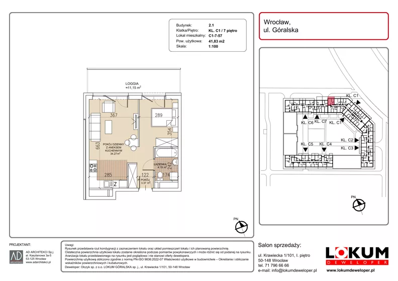 1 pokój, mieszkanie 41,83 m², piętro 7, oferta nr C1-7-57, Lokum Soho, Wrocław, Stare Miasto, ul. Góralska