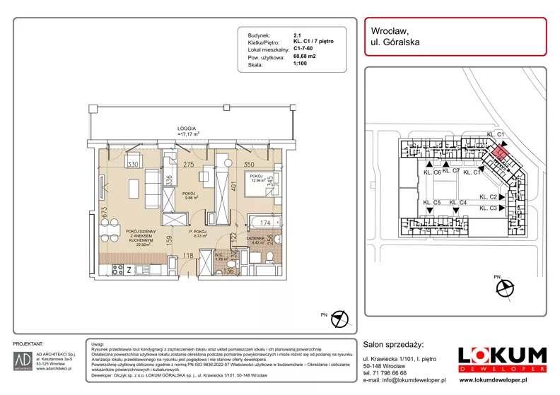 3 pokoje, mieszkanie 60,68 m², piętro 7, oferta nr C1-7-60, Lokum Soho, Wrocław, Stare Miasto, ul. Góralska