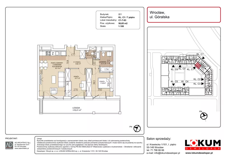 3 pokoje, mieszkanie 56,65 m², piętro 7, oferta nr C1-7-63, Lokum Soho, Wrocław, Stare Miasto, ul. Góralska