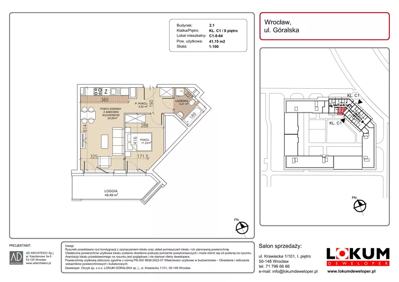 2 pokoje, mieszkanie 41,15 m², piętro 8, oferta nr C1-8-64, Lokum Soho, Wrocław, Stare Miasto, ul. Góralska