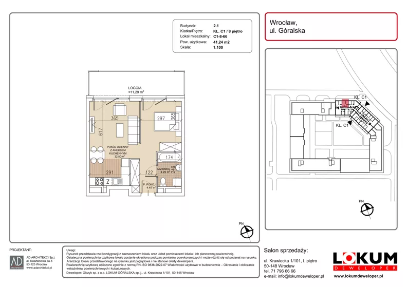 1 pokój, mieszkanie 41,24 m², piętro 8, oferta nr C1-8-66, Lokum Soho, Wrocław, Stare Miasto, ul. Góralska