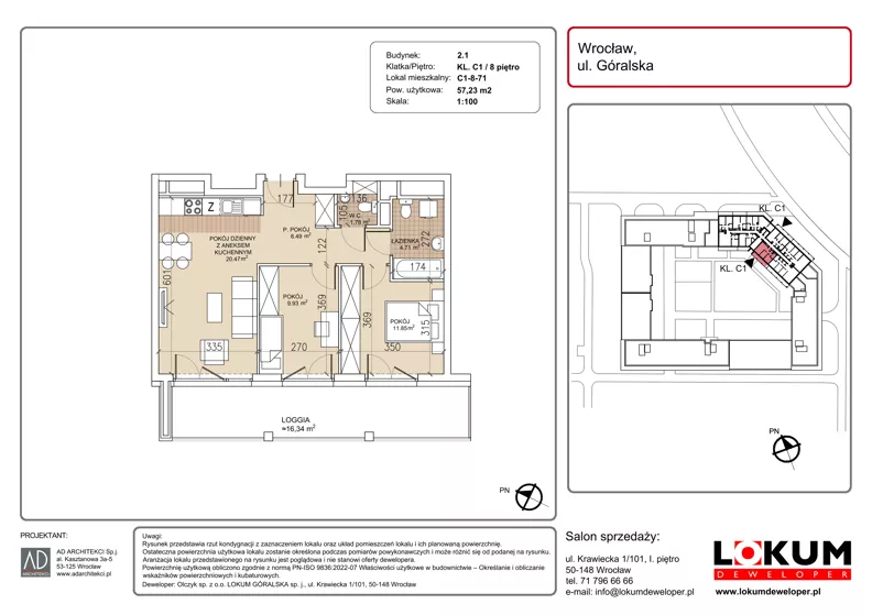 3 pokoje, mieszkanie 57,23 m², piętro 8, oferta nr C1-8-71, Lokum Soho, Wrocław, Stare Miasto, ul. Góralska