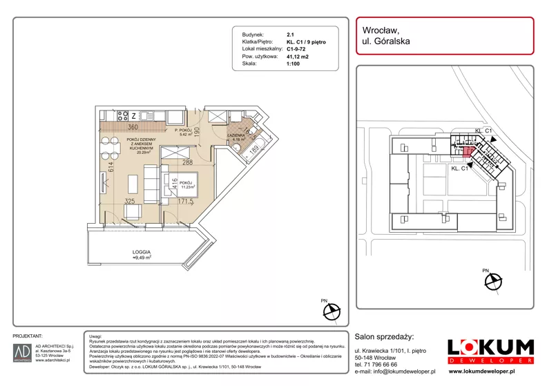 2 pokoje, mieszkanie 41,12 m², piętro 9, oferta nr C1-9-72, Lokum Soho, Wrocław, Stare Miasto, ul. Góralska
