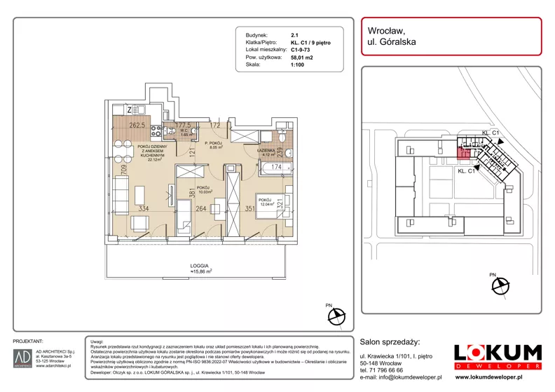 3 pokoje, mieszkanie 58,01 m², piętro 9, oferta nr C1-9-73, Lokum Soho, Wrocław, Stare Miasto, ul. Góralska