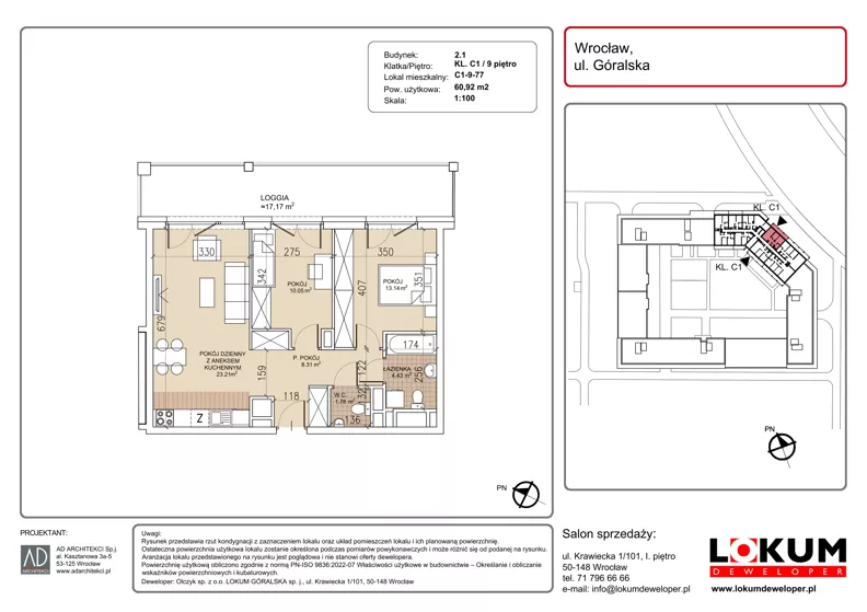 3 pokoje, mieszkanie 60,92 m², piętro 9, oferta nr C1-9-77, Lokum Soho, Wrocław, Stare Miasto, ul. Góralska