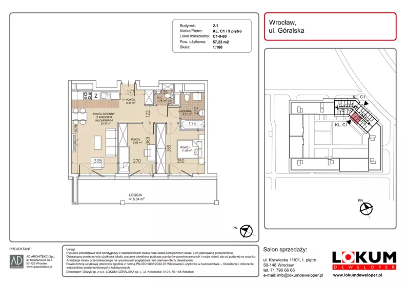 3 pokoje, mieszkanie 57,23 m², piętro 9, oferta nr C1-9-80, Lokum Soho, Wrocław, Stare Miasto, ul. Góralska