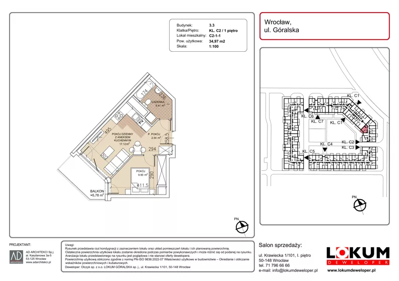 2 pokoje, mieszkanie 34,97 m², piętro 1, oferta nr C2-1-1, Lokum Soho, Wrocław, Stare Miasto, ul. Góralska