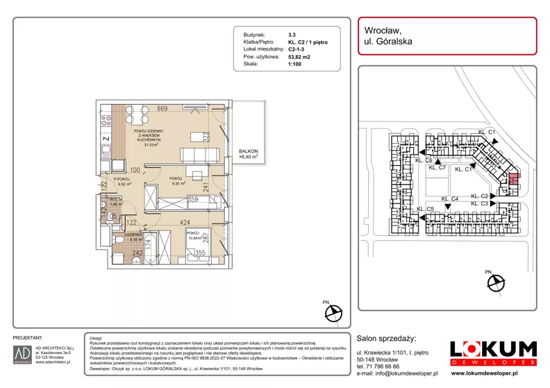 3 pokoje, mieszkanie 53,82 m², piętro 1, oferta nr C2-1-3, Lokum Soho, Wrocław, Stare Miasto, ul. Góralska