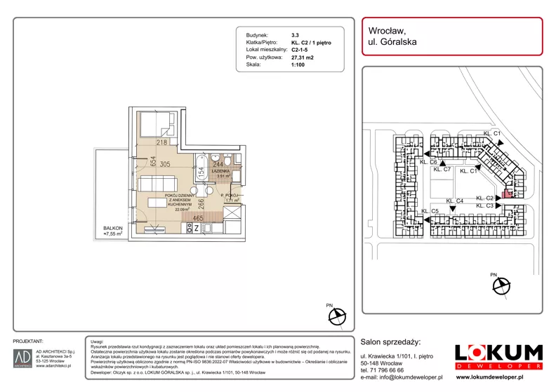 1 pokój, mieszkanie 27,31 m², piętro 1, oferta nr C2-1-5, Lokum Soho, Wrocław, Stare Miasto, ul. Góralska