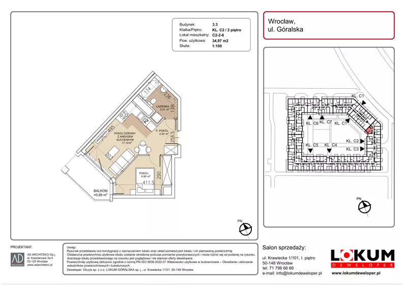2 pokoje, mieszkanie 34,97 m², piętro 2, oferta nr C2-2-6, Lokum Soho, Wrocław, Stare Miasto, ul. Góralska