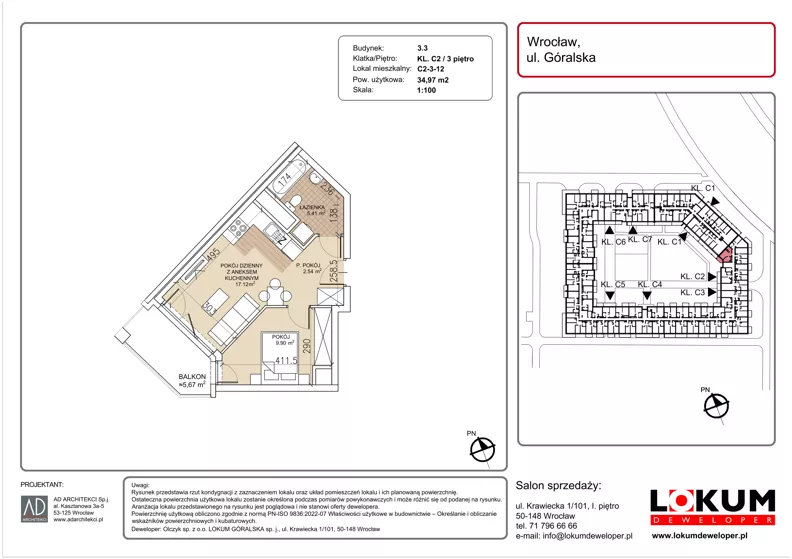 2 pokoje, mieszkanie 34,97 m², piętro 3, oferta nr C2-3-12, Lokum Soho, Wrocław, Stare Miasto, ul. Góralska