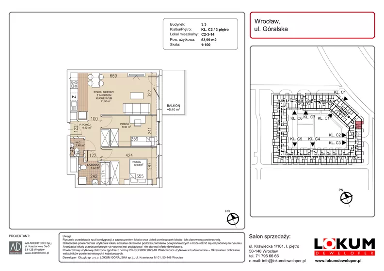 3 pokoje, mieszkanie 53,99 m², piętro 3, oferta nr C2-3-14, Lokum Soho, Wrocław, Stare Miasto, ul. Góralska