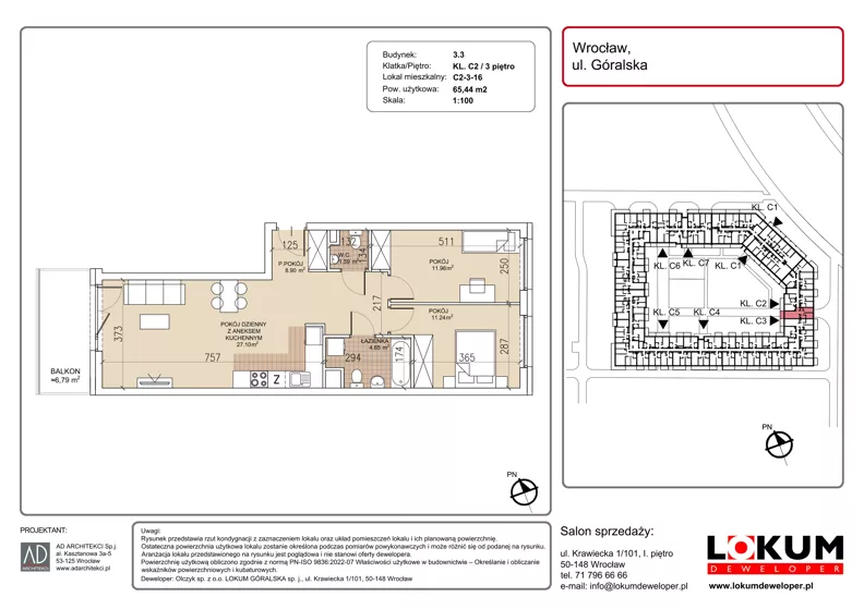3 pokoje, mieszkanie 65,44 m², piętro 3, oferta nr C2-3-16, Lokum Soho, Wrocław, Stare Miasto, ul. Góralska