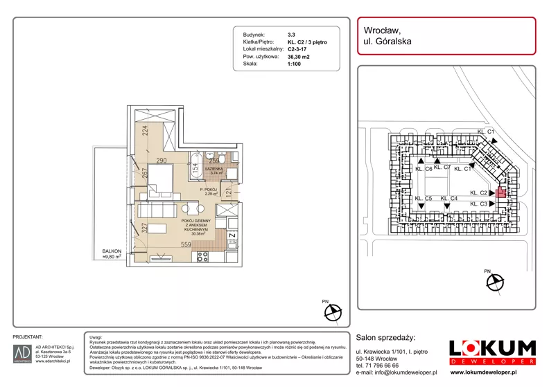 1 pokój, mieszkanie 36,30 m², piętro 3, oferta nr C2-3-17, Lokum Soho, Wrocław, Stare Miasto, ul. Góralska