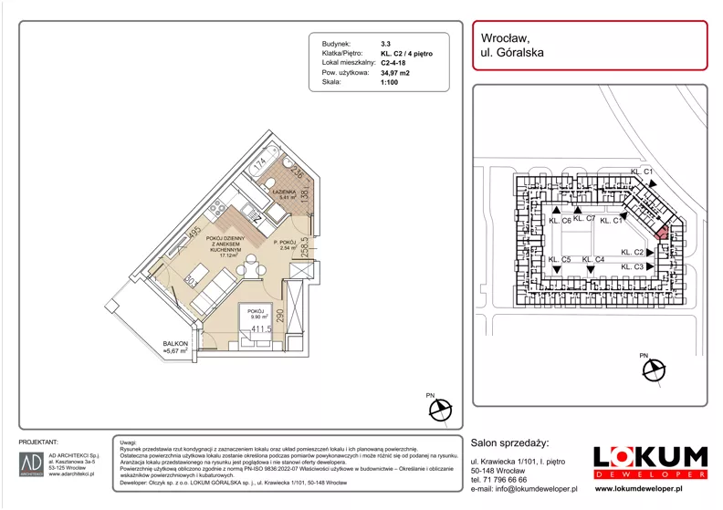 2 pokoje, mieszkanie 34,97 m², piętro 4, oferta nr C2-4-18, Lokum Soho, Wrocław, Stare Miasto, ul. Góralska