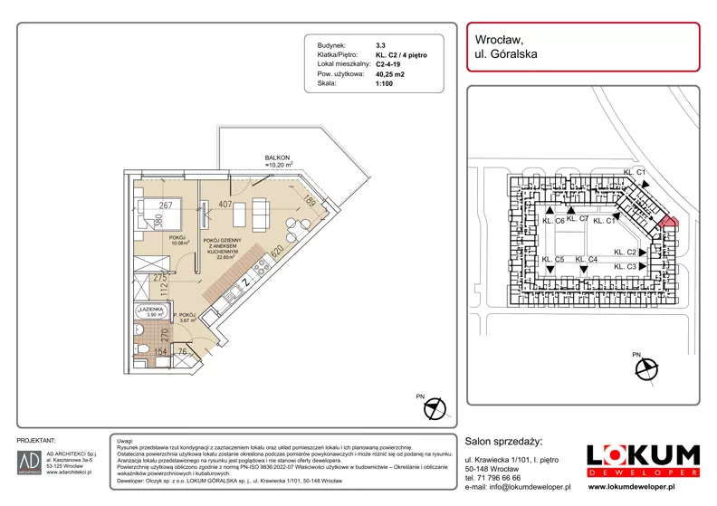 2 pokoje, mieszkanie 40,25 m², piętro 4, oferta nr C2-4-19, Lokum Soho, Wrocław, Stare Miasto, ul. Góralska