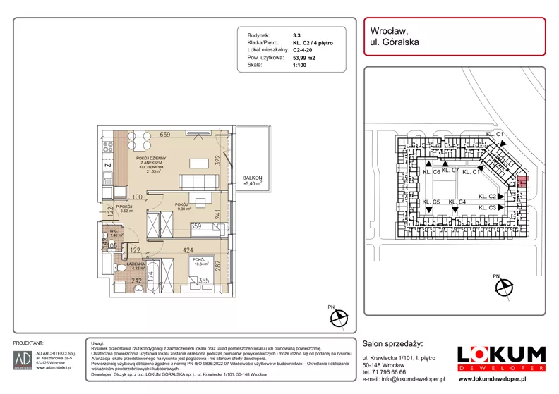 3 pokoje, mieszkanie 53,99 m², piętro 4, oferta nr C2-4-20, Lokum Soho, Wrocław, Stare Miasto, ul. Góralska