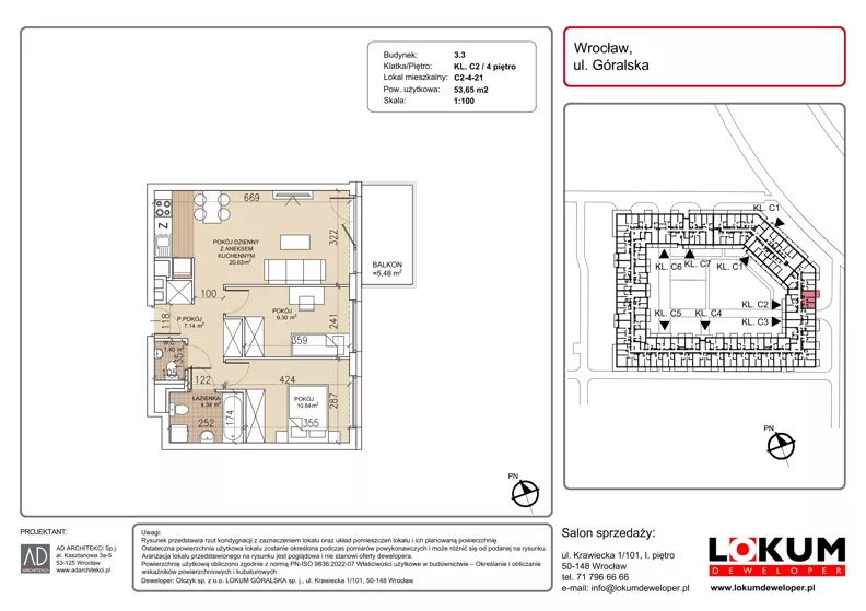 3 pokoje, mieszkanie 53,65 m², piętro 4, oferta nr C2-4-21, Lokum Soho, Wrocław, Stare Miasto, ul. Góralska