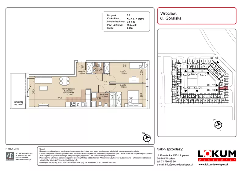 3 pokoje, mieszkanie 65,44 m², piętro 4, oferta nr C2-4-22, Lokum Soho, Wrocław, Stare Miasto, ul. Góralska