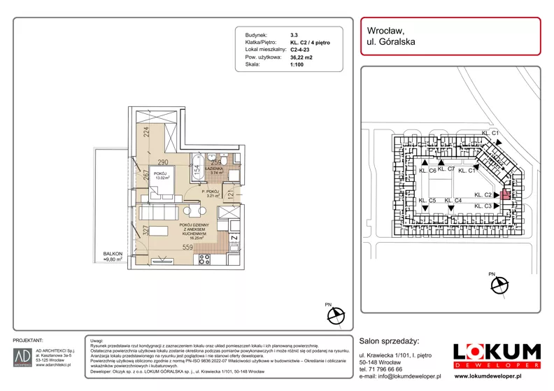 2 pokoje, mieszkanie 36,22 m², piętro 4, oferta nr C2-4-23, Lokum Soho, Wrocław, Stare Miasto, ul. Góralska