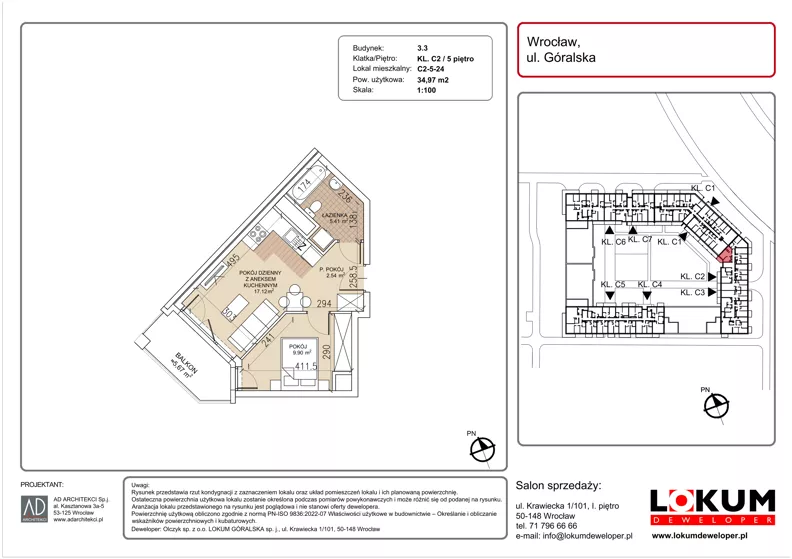 2 pokoje, mieszkanie 34,97 m², piętro 5, oferta nr C2-5-24, Lokum Soho, Wrocław, Stare Miasto, ul. Góralska