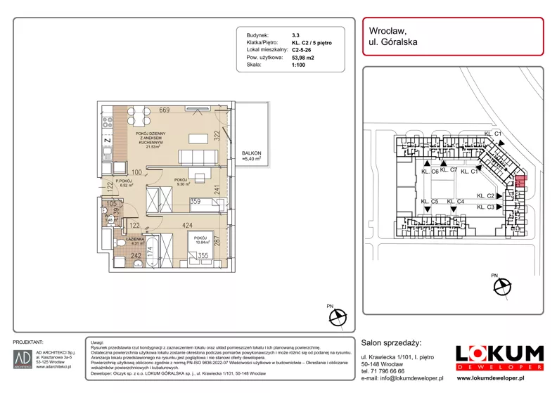 3 pokoje, mieszkanie 53,98 m², piętro 5, oferta nr C2-5-26, Lokum Soho, Wrocław, Stare Miasto, ul. Góralska