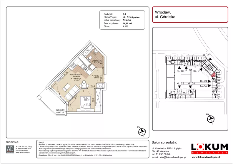 2 pokoje, mieszkanie 34,97 m², piętro 6, oferta nr C2-6-30, Lokum Soho, Wrocław, Stare Miasto, ul. Góralska