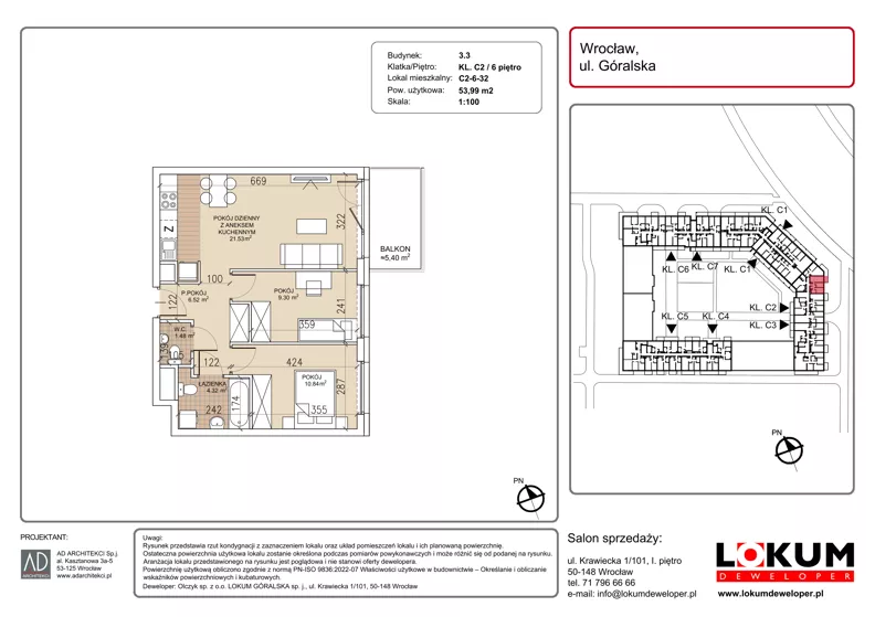 3 pokoje, mieszkanie 53,99 m², piętro 6, oferta nr C2-6-32, Lokum Soho, Wrocław, Stare Miasto, ul. Góralska