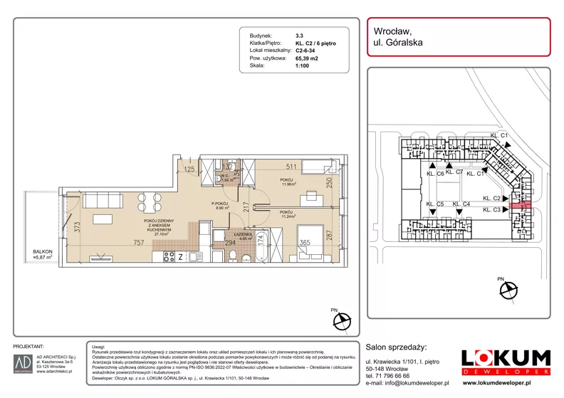 3 pokoje, mieszkanie 65,39 m², piętro 6, oferta nr C2-6-34, Lokum Soho, Wrocław, Stare Miasto, ul. Góralska