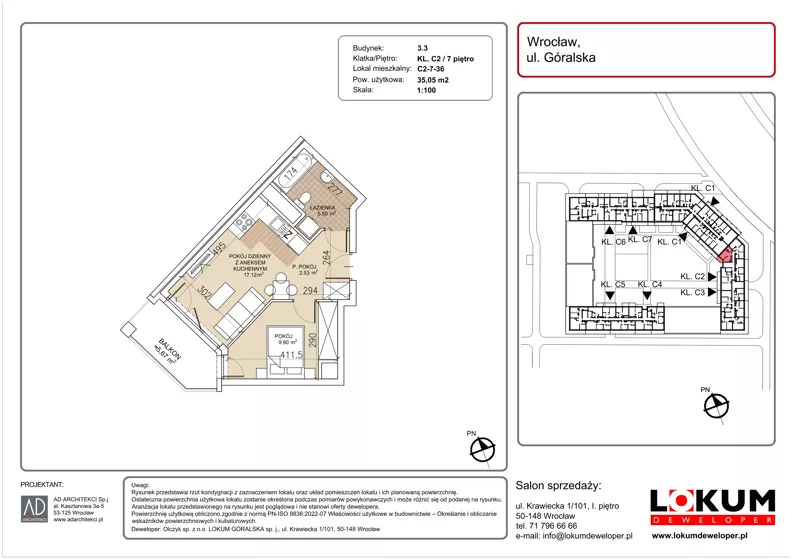 2 pokoje, mieszkanie 35,05 m², piętro 7, oferta nr C2-7-36, Lokum Soho, Wrocław, Stare Miasto, ul. Góralska