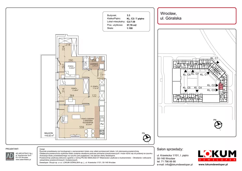 3 pokoje, mieszkanie 57,78 m², piętro 7, oferta nr C2-7-39, Lokum Soho, Wrocław, Stare Miasto, ul. Góralska