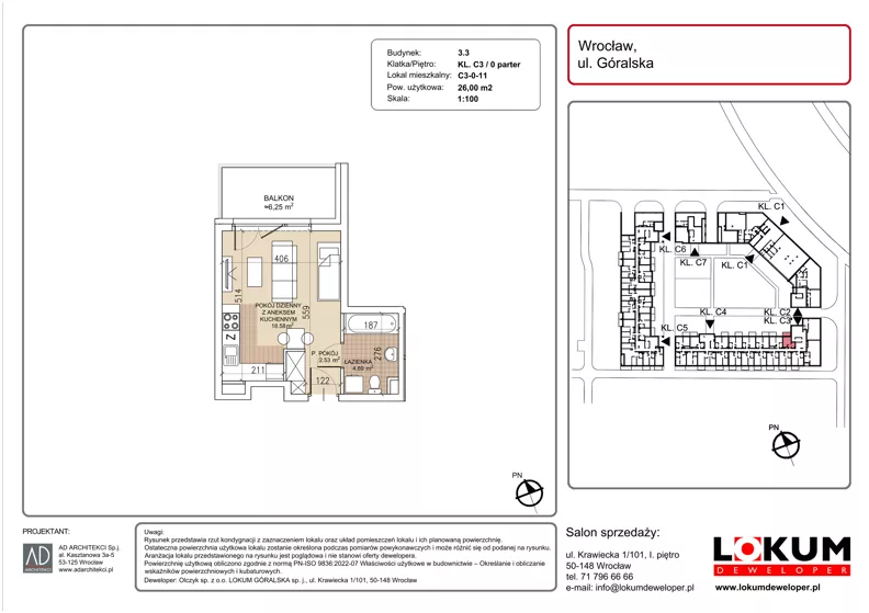 1 pokój, mieszkanie 26,00 m², parter, oferta nr C3-0-11, Lokum Soho, Wrocław, Stare Miasto, ul. Góralska