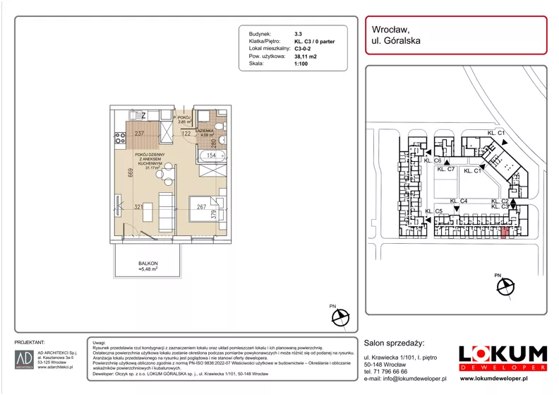 1 pokój, mieszkanie 38,11 m², parter, oferta nr C3-0-2, Lokum Soho, Wrocław, Stare Miasto, ul. Góralska