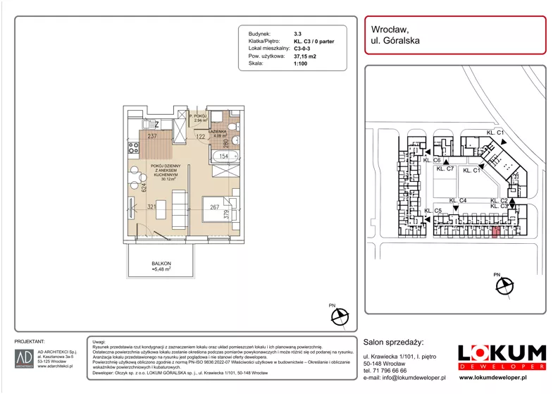 1 pokój, mieszkanie 37,15 m², parter, oferta nr C3-0-3, Lokum Soho, Wrocław, Stare Miasto, ul. Góralska