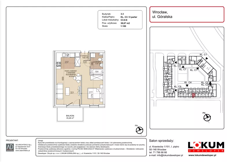 1 pokój, mieszkanie 38,67 m², parter, oferta nr C3-0-6, Lokum Soho, Wrocław, Stare Miasto, ul. Góralska