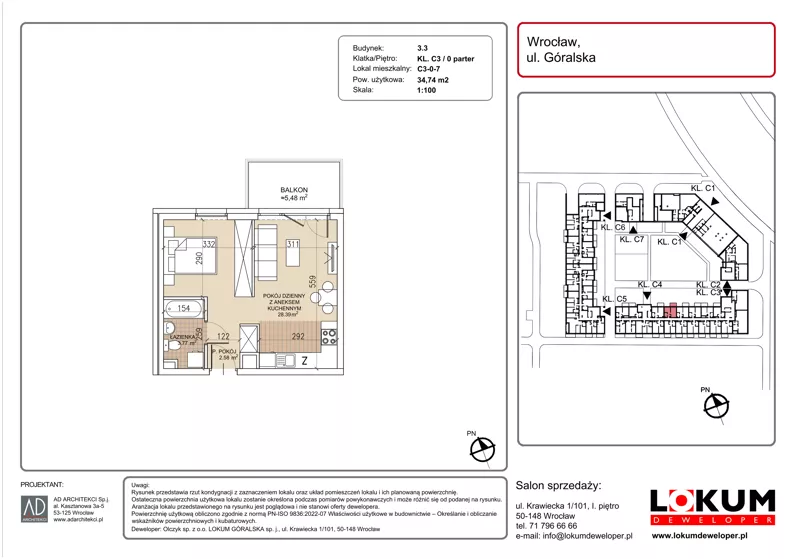 1 pokój, mieszkanie 34,74 m², parter, oferta nr C3-0-7, Lokum Soho, Wrocław, Stare Miasto, ul. Góralska