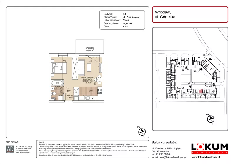 1 pokój, mieszkanie 34,74 m², parter, oferta nr C3-0-8, Lokum Soho, Wrocław, Stare Miasto, ul. Góralska