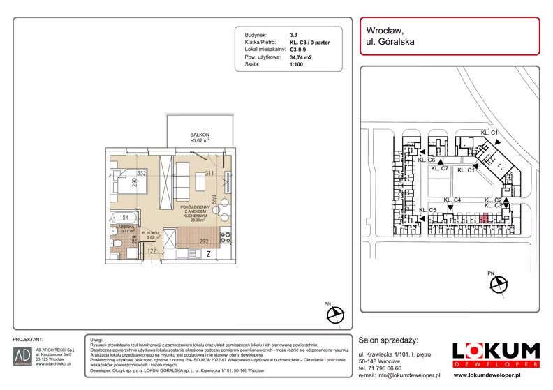 1 pokój, mieszkanie 34,74 m², parter, oferta nr C3-0-9, Lokum Soho, Wrocław, Stare Miasto, ul. Góralska