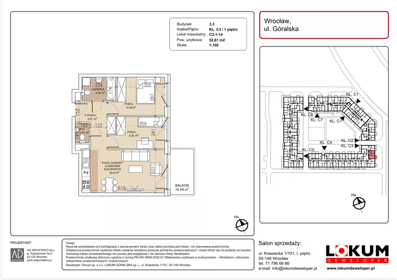 3 pokoje, mieszkanie 52,81 m², piętro 1, oferta nr C3-1-14, Lokum Soho, Wrocław, Stare Miasto, ul. Góralska