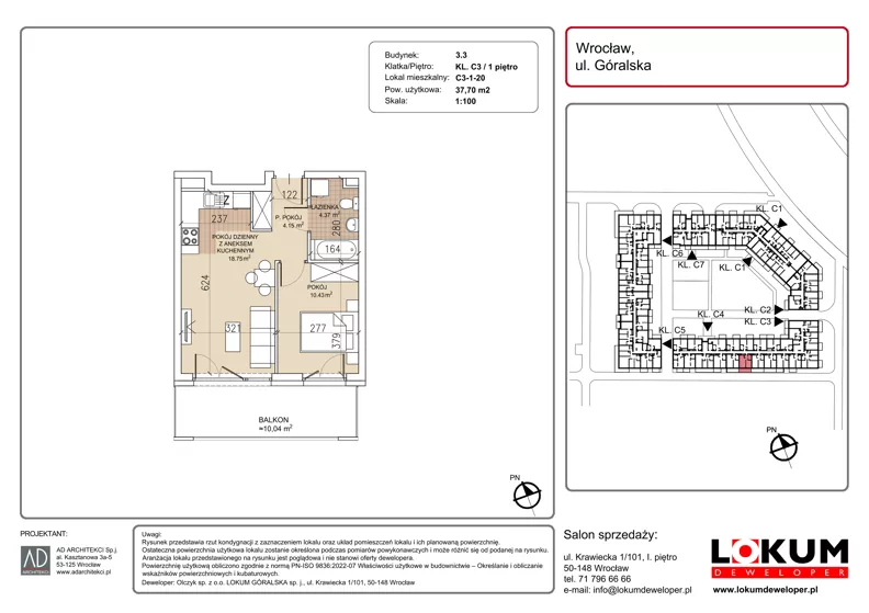 2 pokoje, mieszkanie 37,70 m², piętro 1, oferta nr C3-1-20, Lokum Soho, Wrocław, Stare Miasto, ul. Góralska